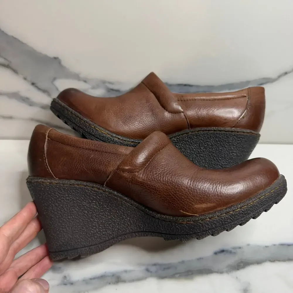 BOC Born Women's Brown Leather Wedge Clogs Sz 7.5 Slip On Comfort Boho Festival